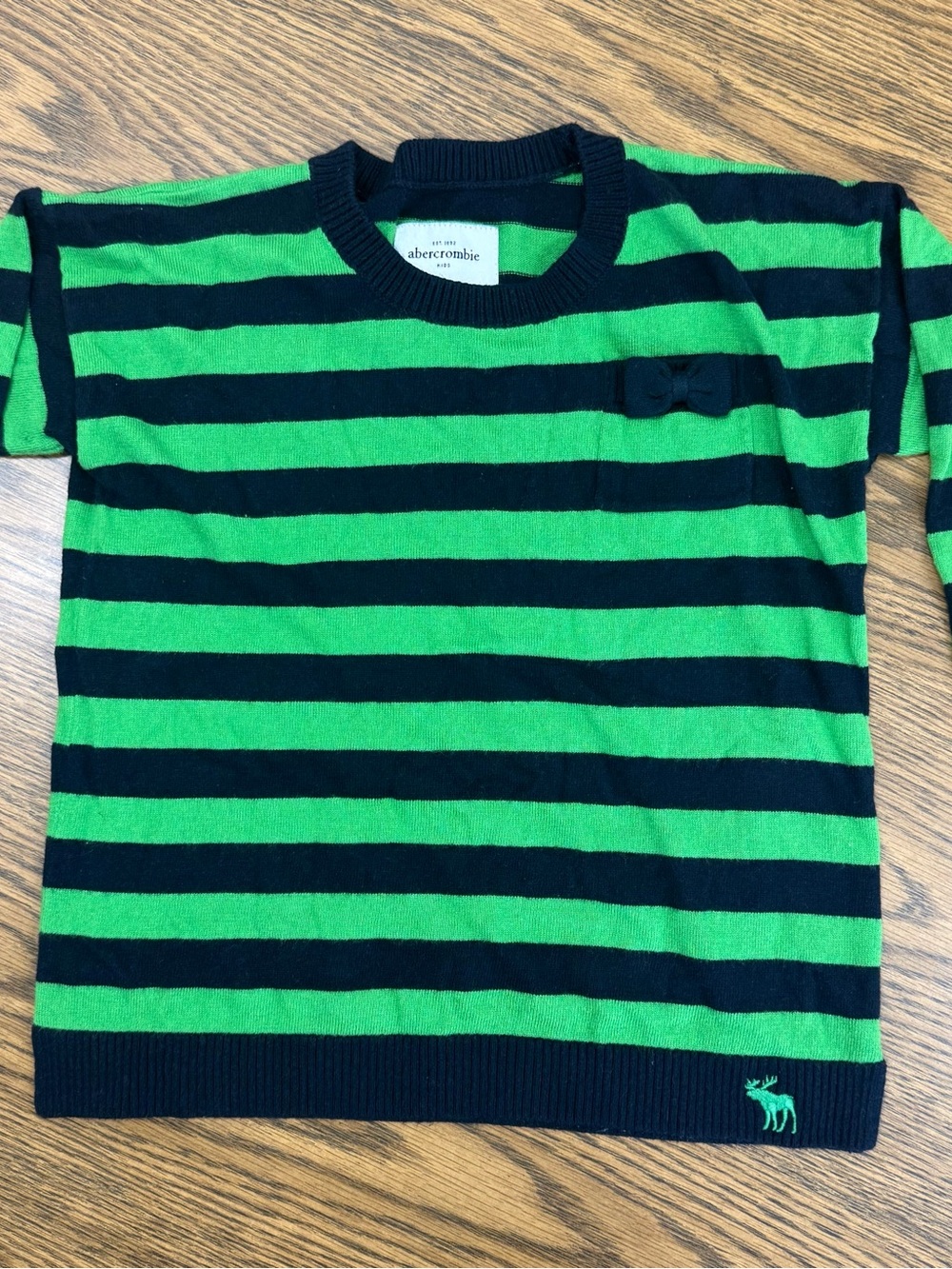 Abercrombie Kids Girls L Y2K Green Navy Striped Knit Sweater Bow Moose Logo